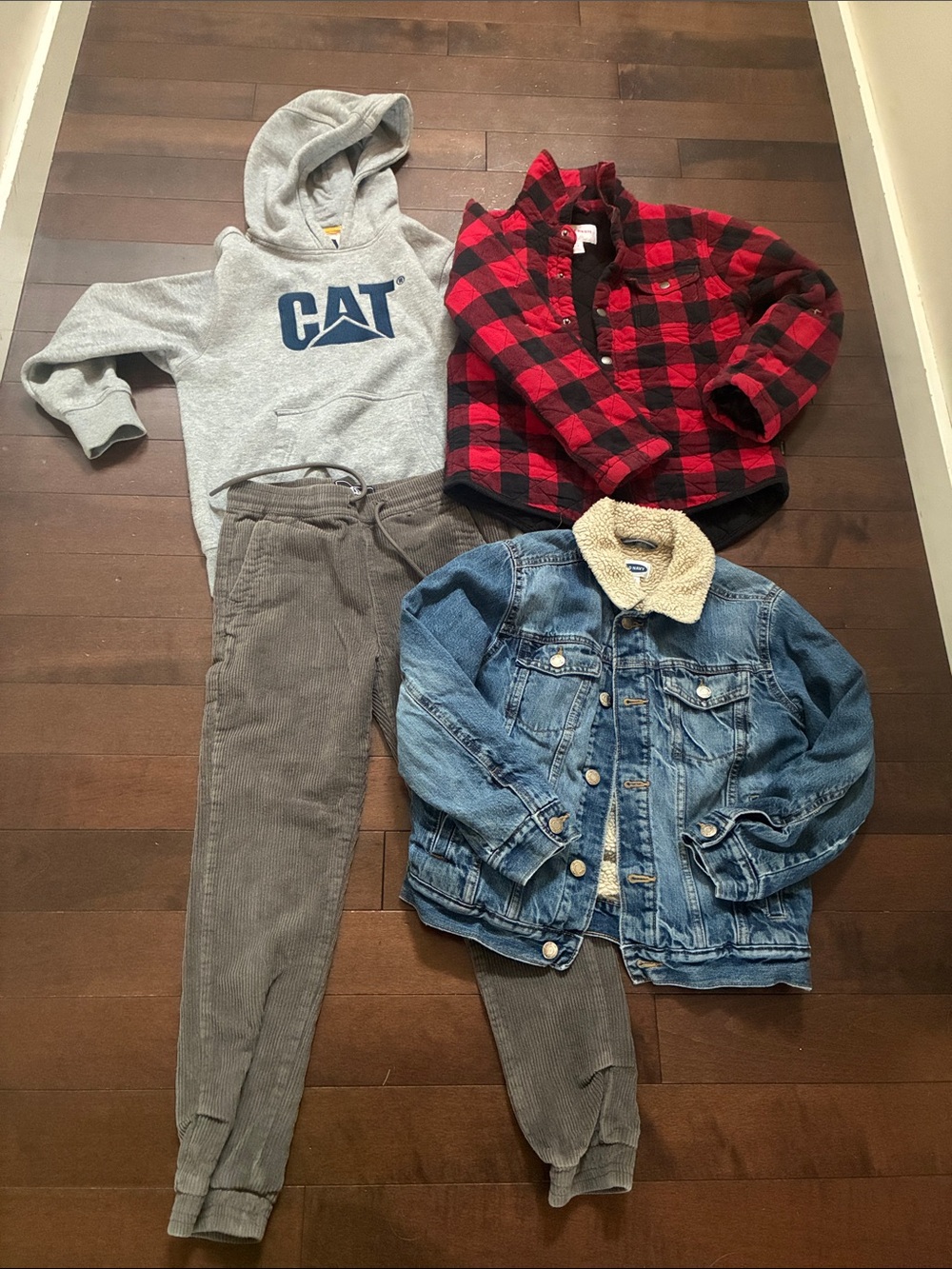 Boys size 10 bundle. Cat sweatshirt, grey joggers. Winter denim jacket.Work coat